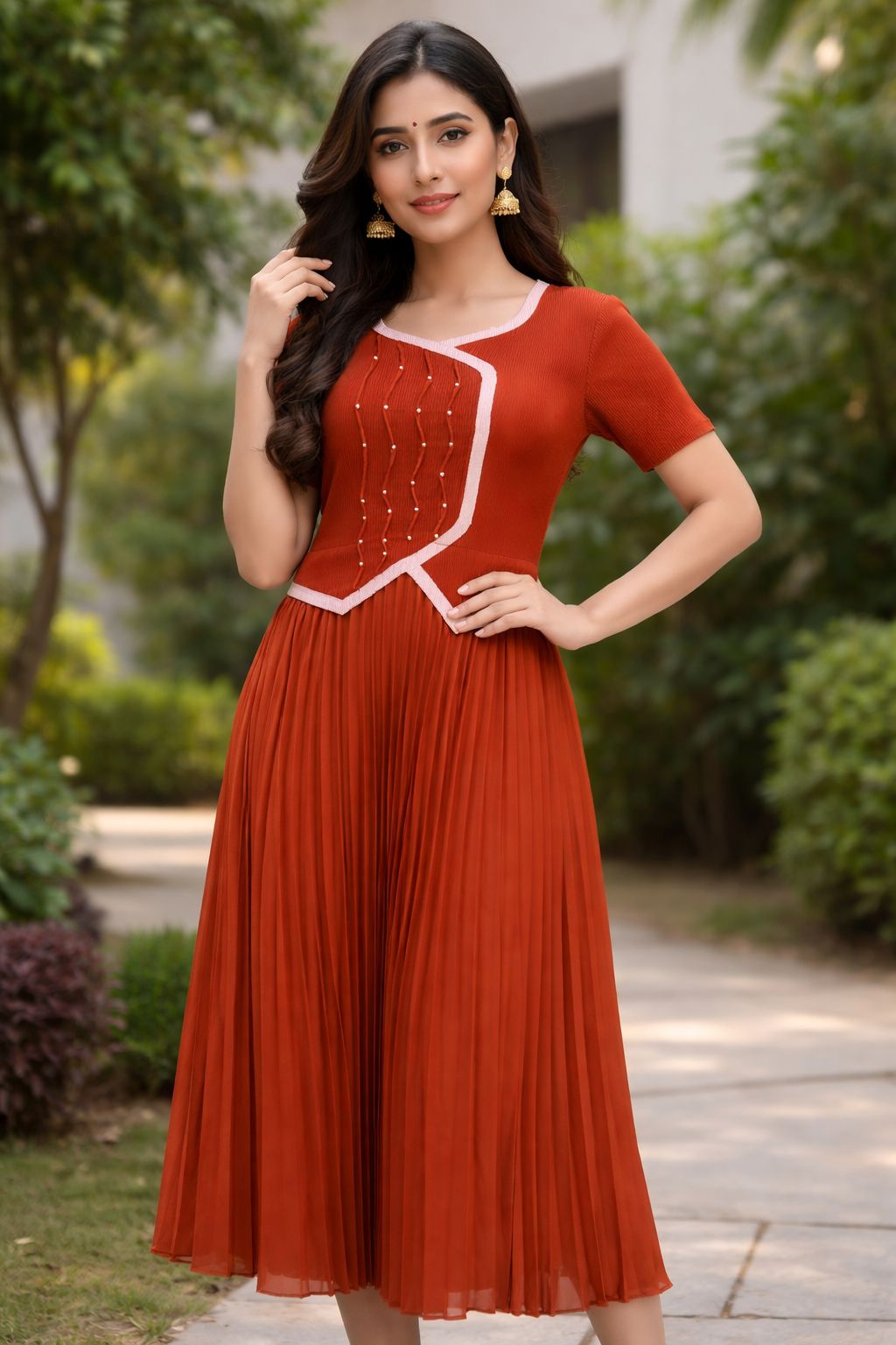 Elegant Rust Wrikle Midi Dress with Embellished Bodice & Contrast Detailing