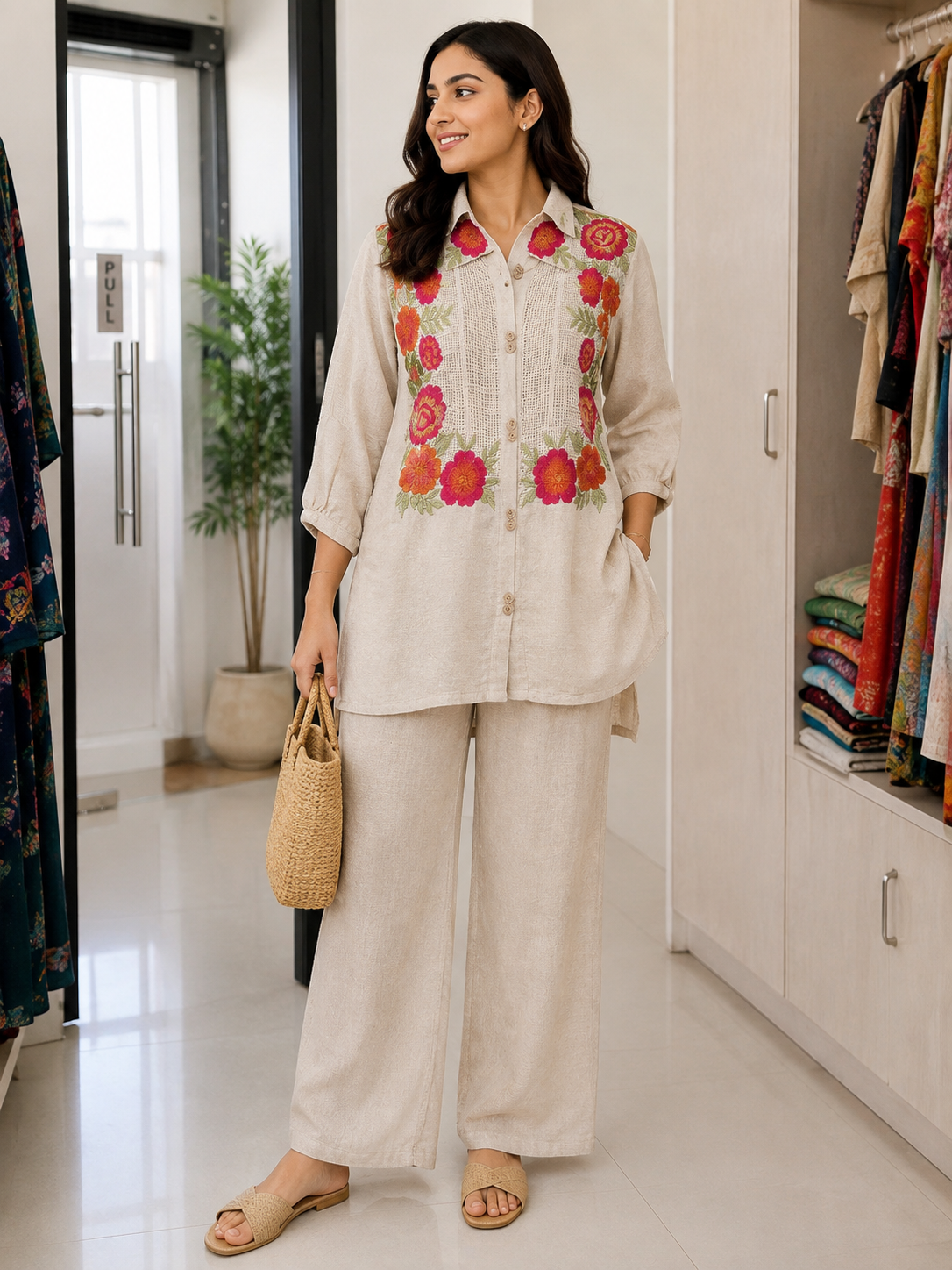 Jute Co-Ord Set – Floral Embroidered Shirt &amp; Pants