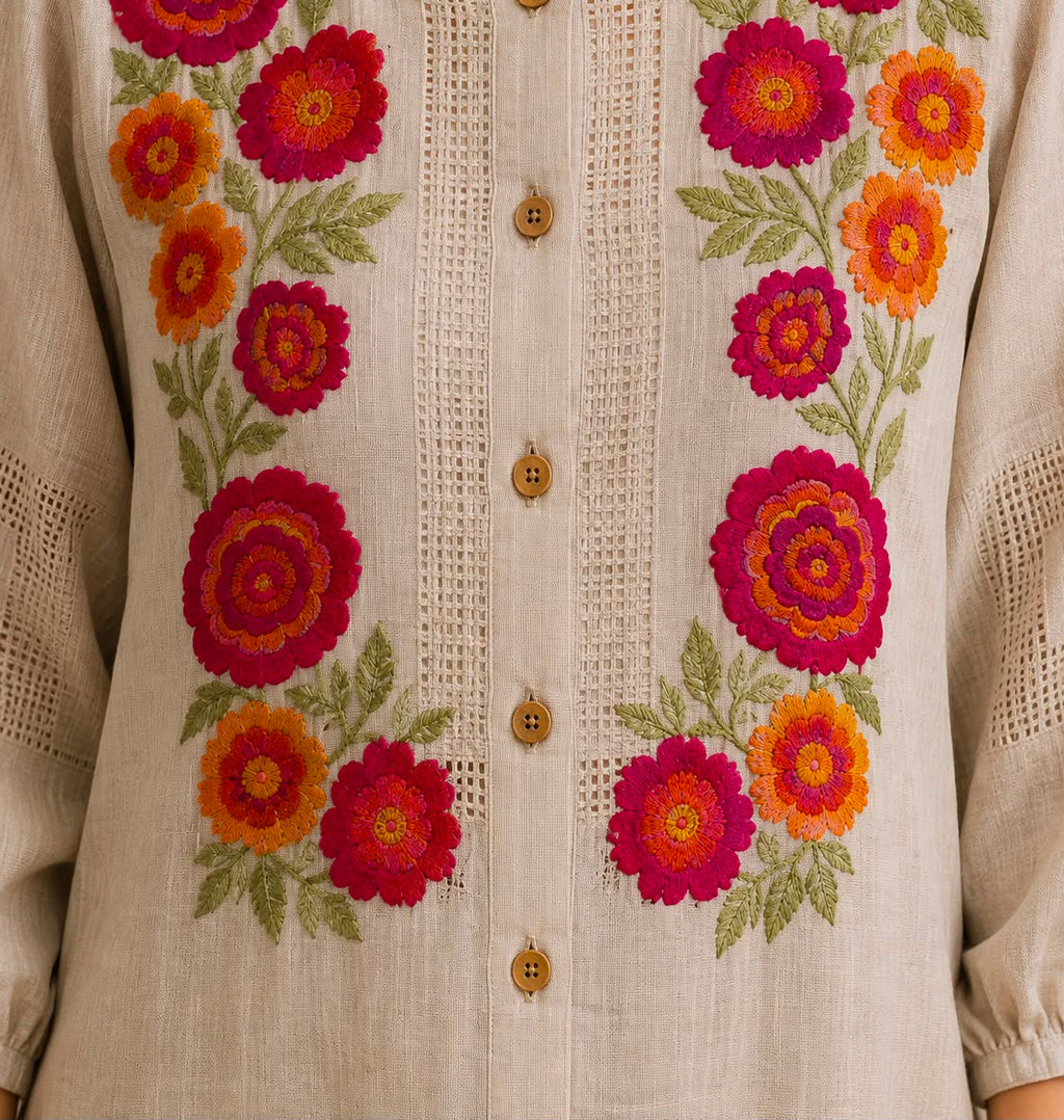 Jute Co-Ord Set – Floral Embroidered Shirt &amp; Pants