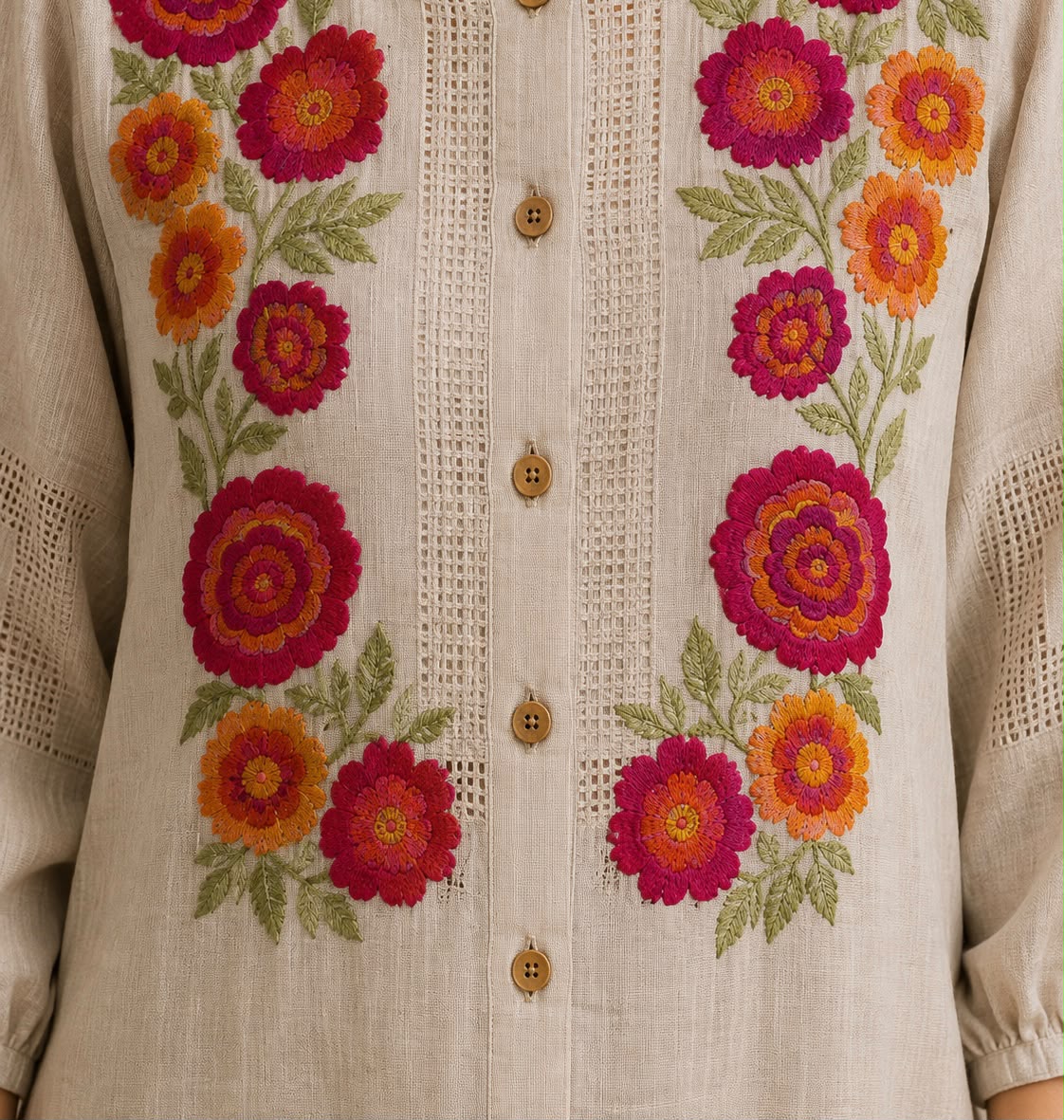 Jute Co-Ord Set – Floral Embroidered Shirt &amp; Pants