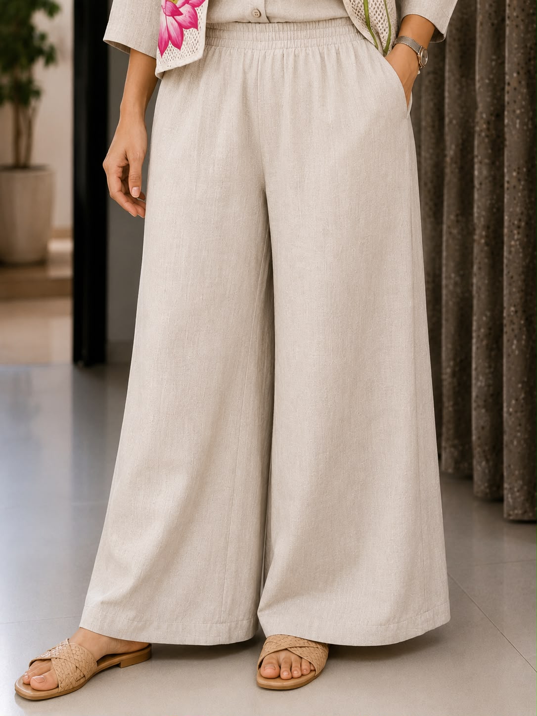 Lotus Embroidered Jute Co-Ord Set – Shirt &amp; Wide-Leg Pants