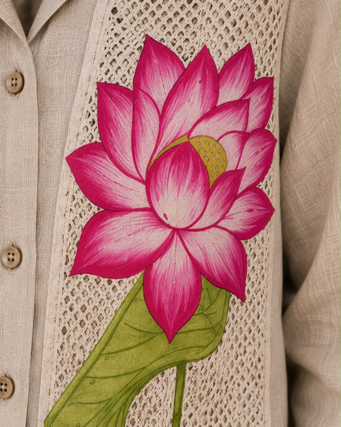 Lotus Embroidered Jute Co-Ord Set – Shirt &amp; Wide-Leg Pants
