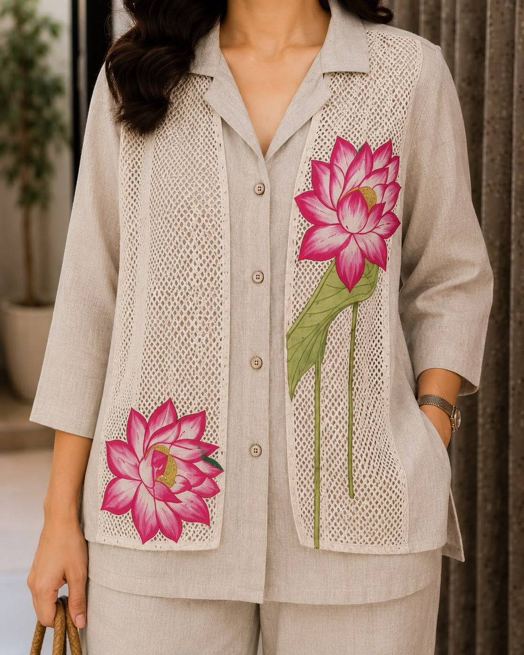 Lotus Embroidered Jute Co-Ord Set – Shirt &amp; Wide-Leg Pants