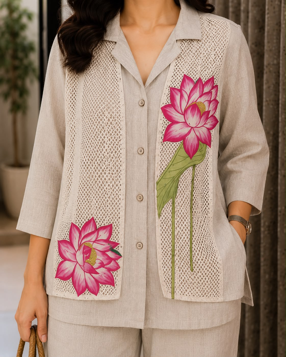 Lotus Embroidered Jute Co-Ord Set – Shirt &amp; Wide-Leg Pants