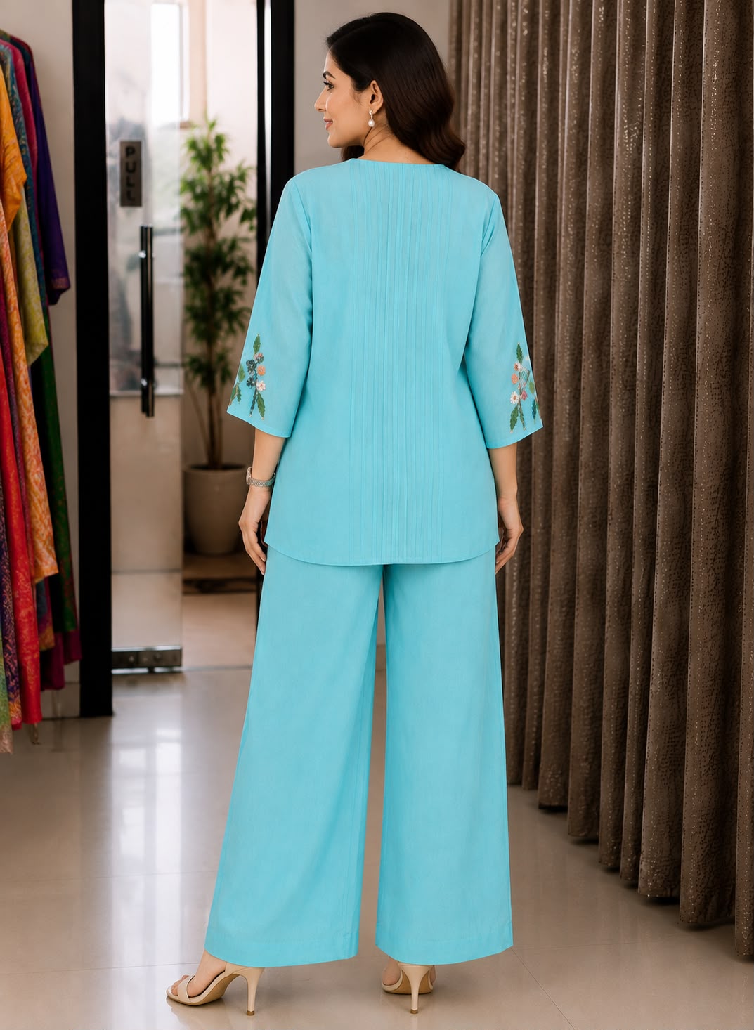 Mul Chanderi Hand-Painted &amp; Hand-Embroidered Co-Ord Set